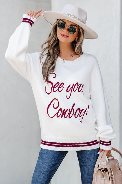 Light Grey See You Cowboy Embroidered Western Graphic Sweater