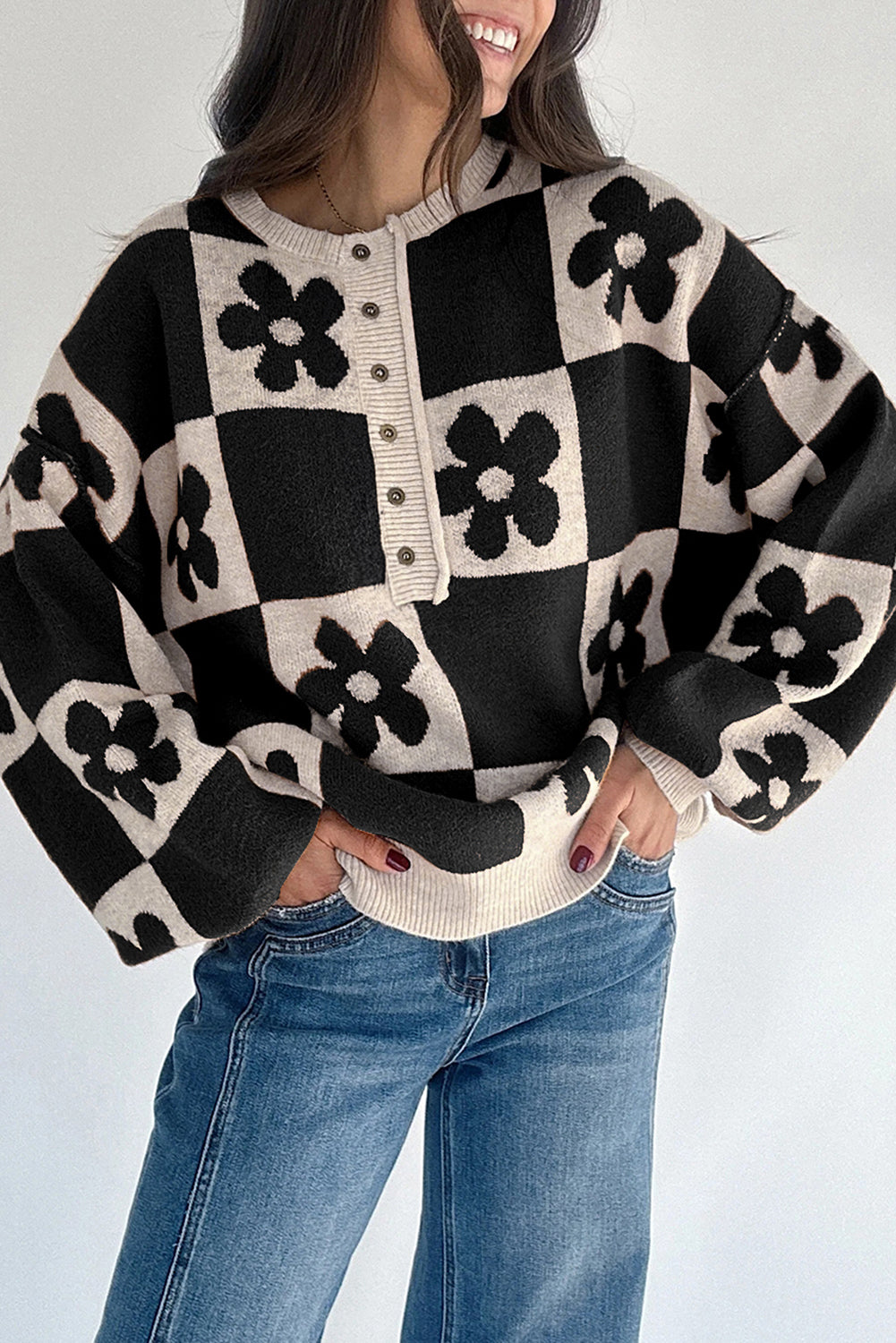 Thai Curry Flower Plaid Henley Baggy Sweater