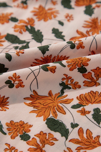 Beige Floral Deep V Neck Smocked Bust Bubble Sleeve Babydoll Dress