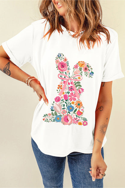 White Floral Easter Bunny Casual Graphic Tee