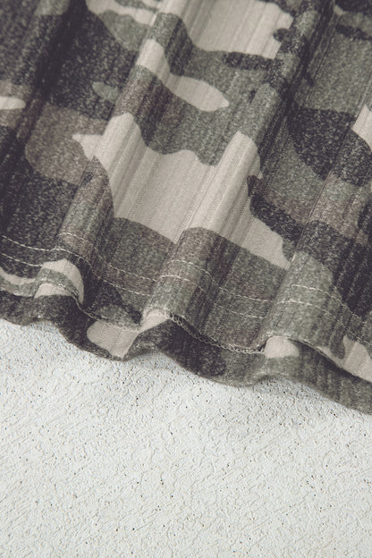 Green Camouflage Print Ribbed Knit Round Neck Tank Top