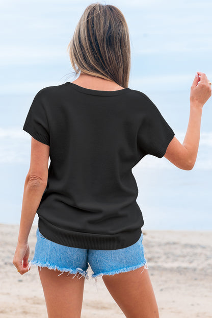 White Bow Pattern Knit Short Sleeve Sweater