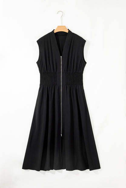 Black Sleeveless Zipped Front V Neck Shirred Waist Maxi Dress