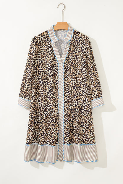 Khaki Plus Size Leopard Print Striped Trim V Neck Drop Waist Long Sleeve Mini Dress