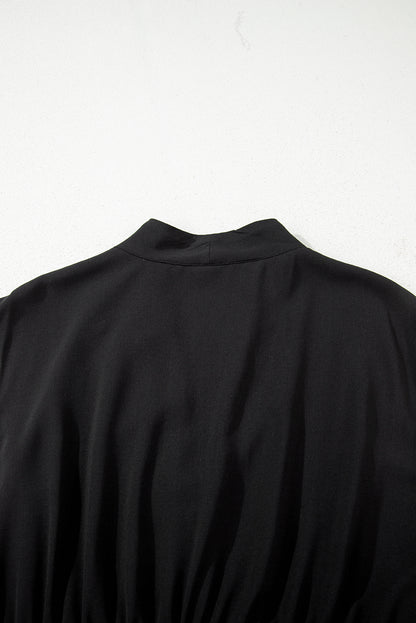 Black Sleeveless Zipped Front V Neck Shirred Waist Maxi Dress