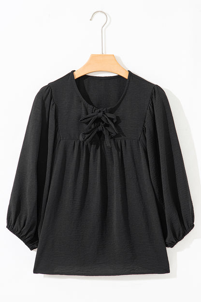 Black Bow Tie Neck 3/4 Sleeve Casual Blouse