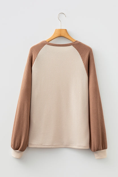 Camel Waffle Color Block Raglan Sleeve Top