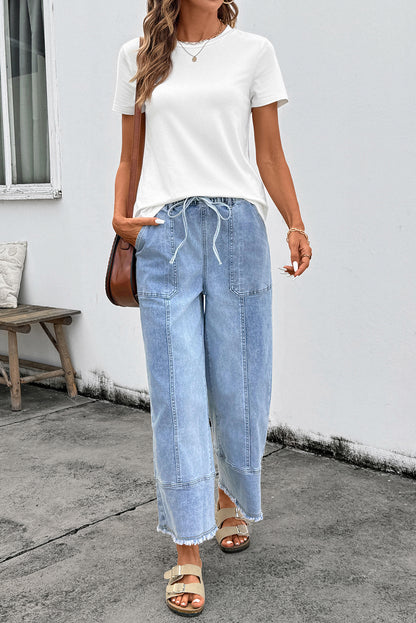 Beau Blue Drawstring Seam Detail Raw Hem Wide Leg Denim Pants