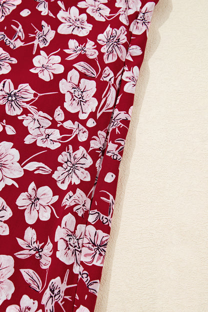 Purple Plus Floral Balloon Sleeve V Neck Relaxed Dress