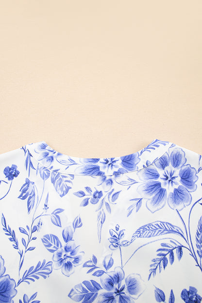 Blue Elegant Floral Print Ricrac Trim Short Sleeve Blouse