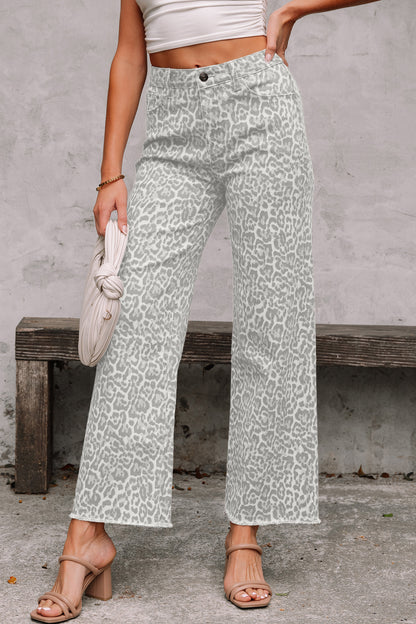 Sky Blue Leopard Frayed Edge Wide Leg High Waist Jeans