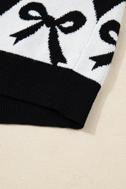 Black Bow Print 2-tone Rhombus Knit Loose Sweater