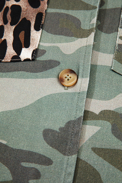 Green Camo Leopard Patchwork Flap Pocket Crop Jacket