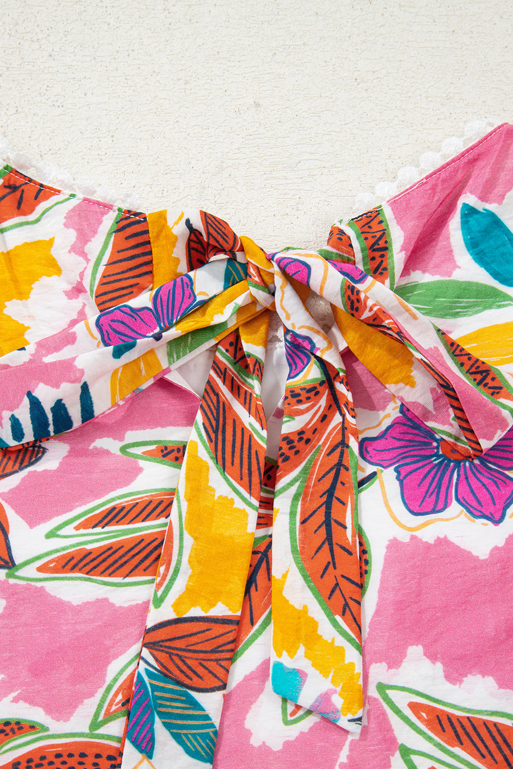 Pink Floral Print Lace Trimmed Tie Back Bell Sleeve Swing Mini Dress