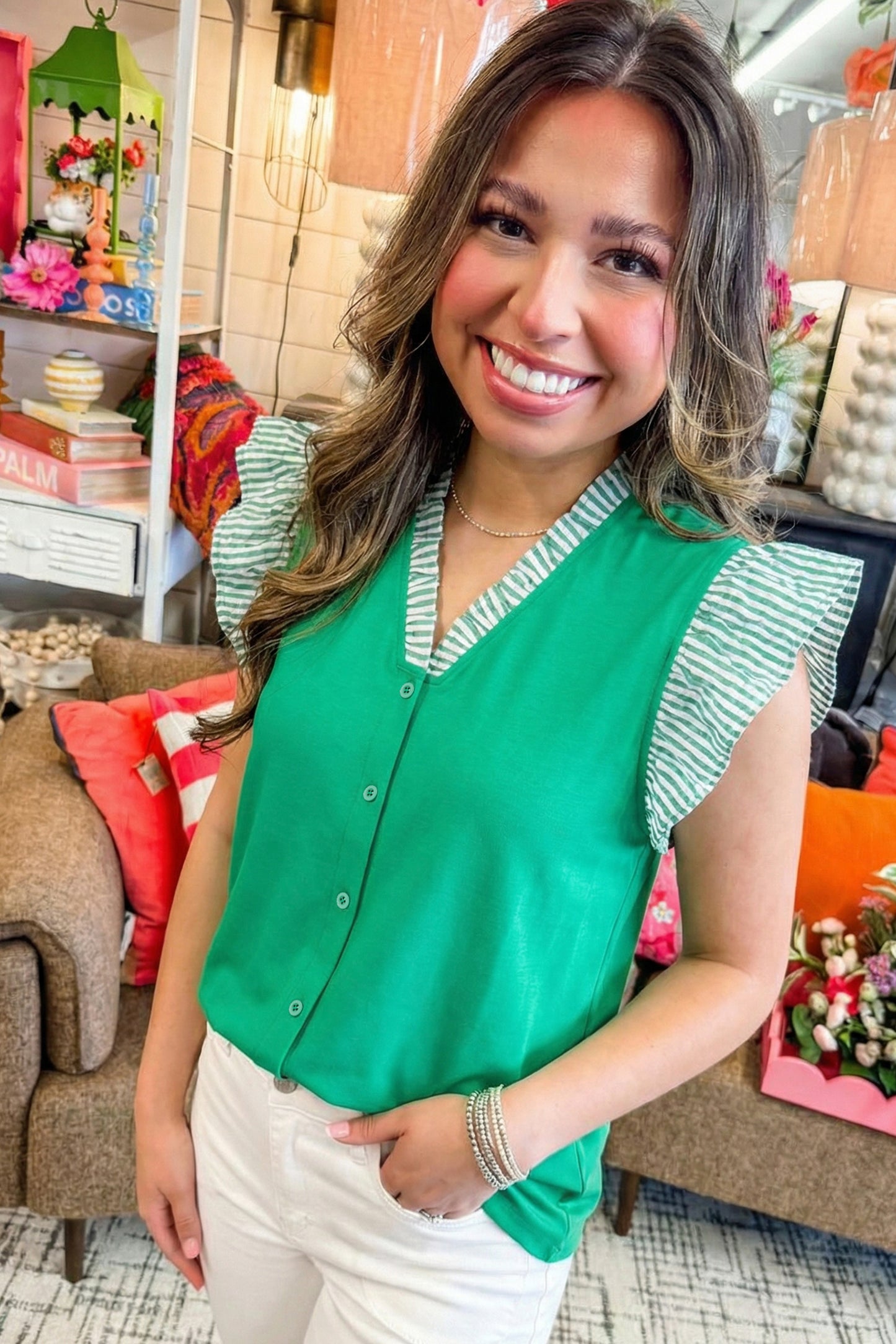 Dark Green Plus Size Button Front Ruffled Stripe Trim V Neck Flutter Sleeve Blouse