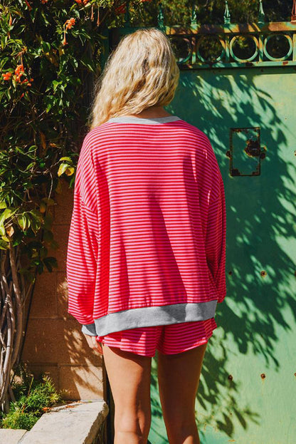 Red Stripe Drop Shoulder Baggy Pullover and Shorts Casual Set
