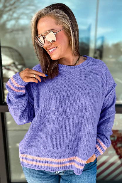 Wisteria Plus Size Striped Trim Drop Shoulder Knit Loose Sweater