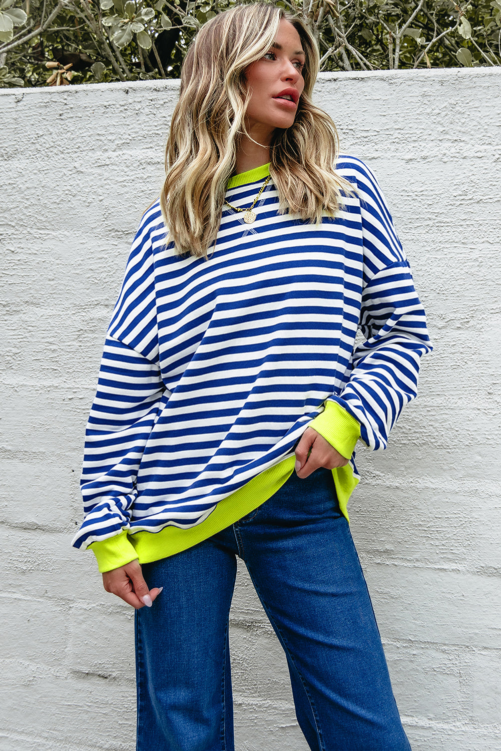 Green Stripe Contrast Ribbed Trim Crossed Stitch Drop Shoulder Sweatshirt