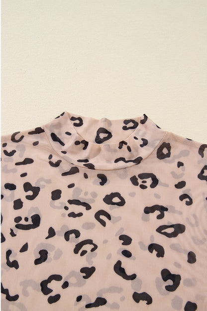 Khaki Mock Neck Sheer Mesh Leopard Long Sleeve Bodysuit