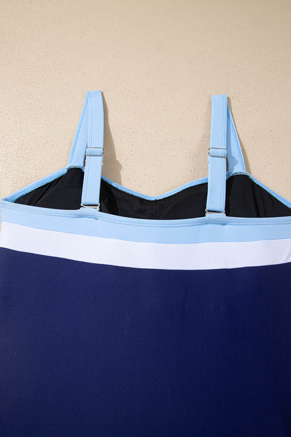 Navy Blue Color Block Detail Adjustable Straps One Piece Swimsuit