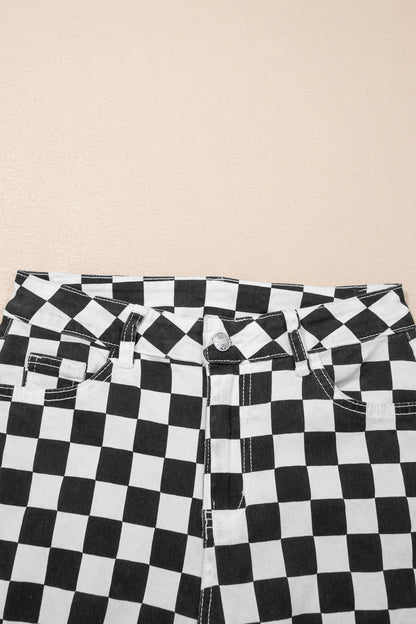 Black Checkerboard Print Distressed Holes Raw Edge Cropped Jeans