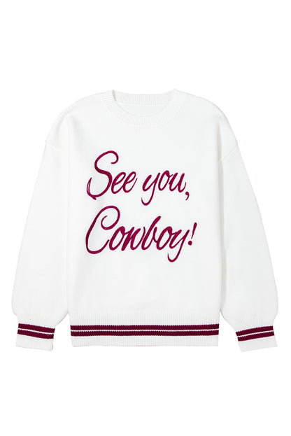 Light Grey See You Cowboy Embroidered Western Graphic Sweater