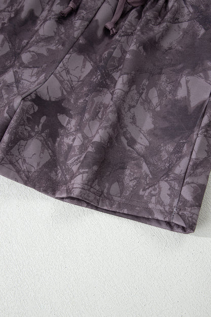 Brown Abstract Woodland Camo Print Baggy Pullover Drawstring Shorts Set