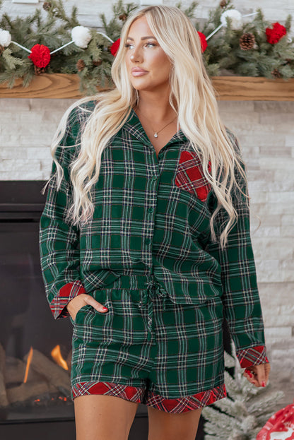 Green Plaid Contrast Patched Christmas Holiday Long Sleeve Shirt and Short 2pcs Pajama Set
