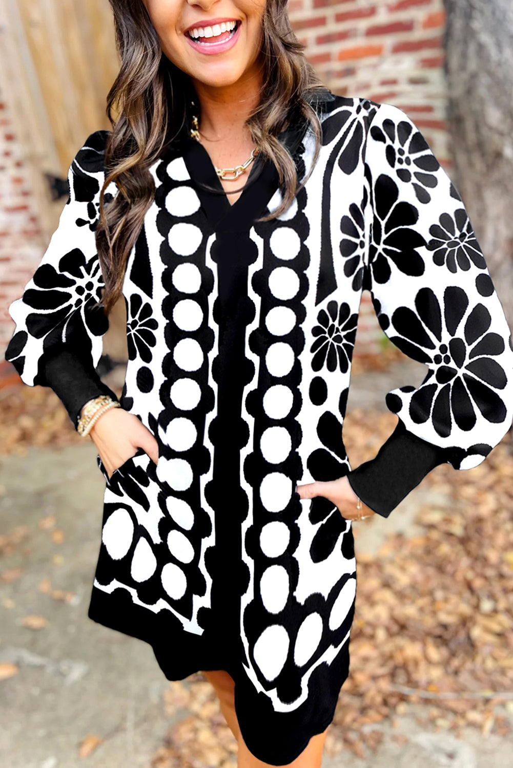 Black Polka Dot Floral Printed V Neck Long Sleeve Shift Mini Dress