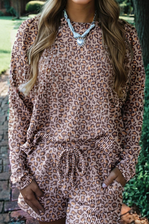 Khaki Leopard Ribbed Long Sleeve Top Drawstring Shorts 2pcs Outfit