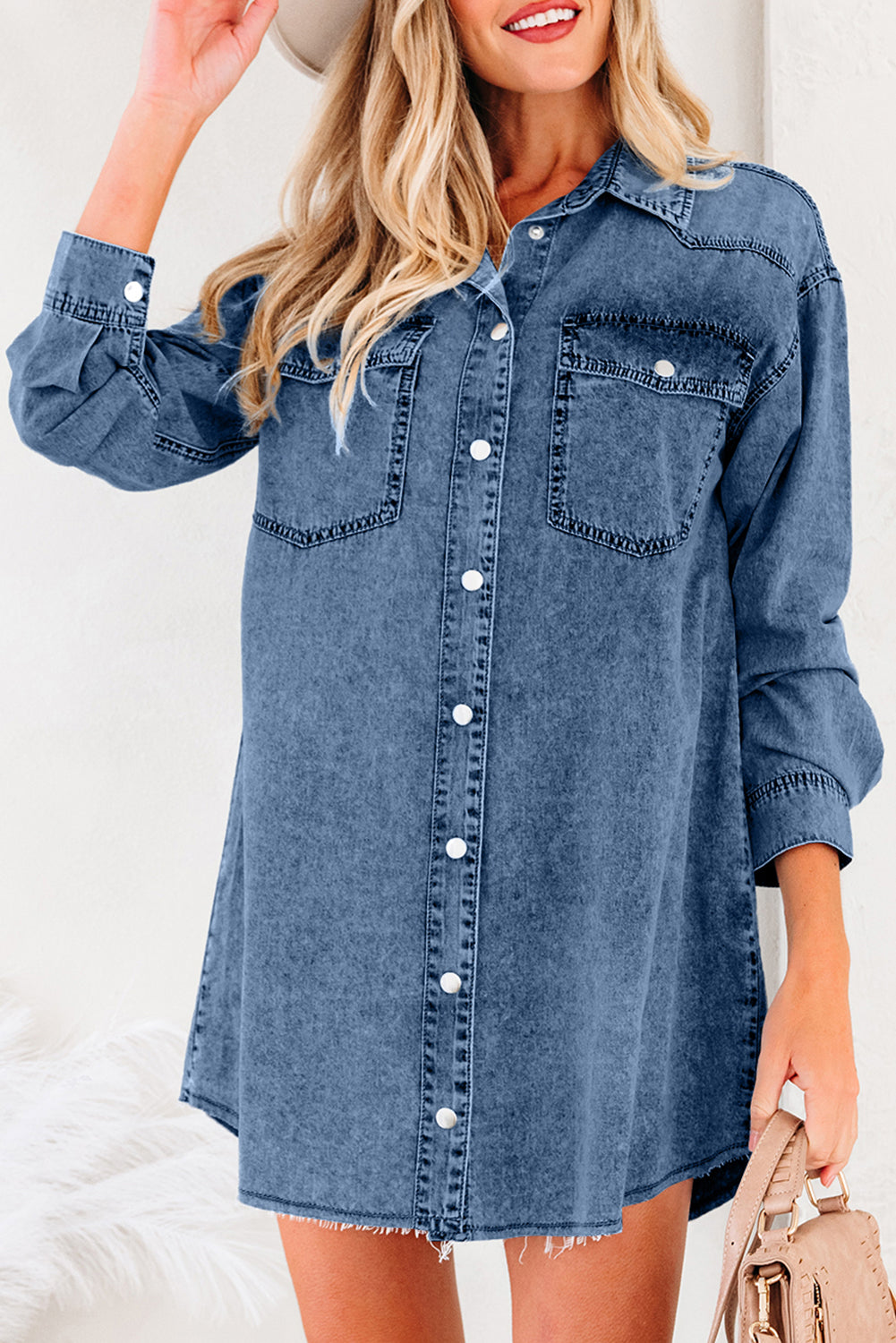 Blue Beau Chest Pocket Raw Hem Denim Loose Shirt Dress