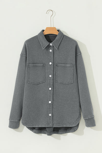 Medium Grey Mineral Wash Chest Pockets Drop Shoulder Shacket with Side Slit