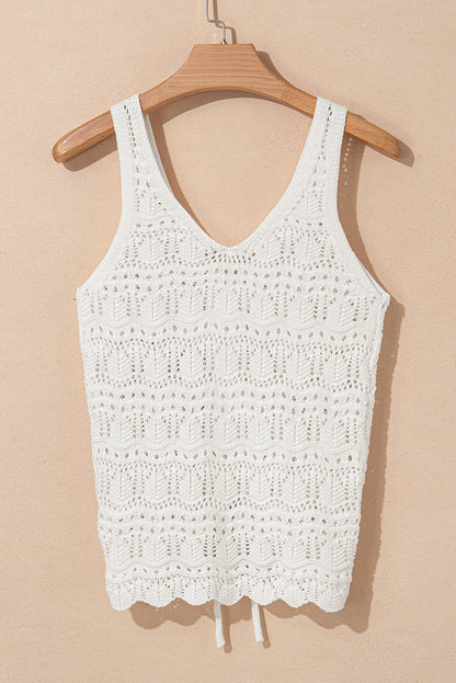 Beige Trendy Hollowed Knit V Neck Drawstring Sweater Vest