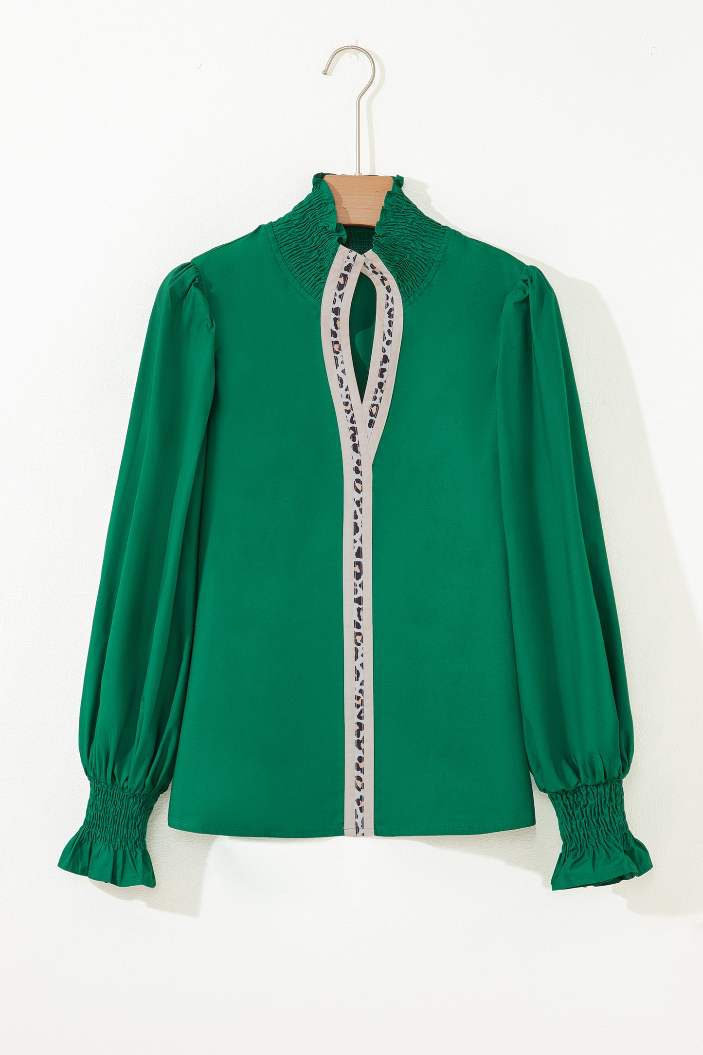 Black Puffy Flounce Sleeve Leopard Trim V Neck Blouse