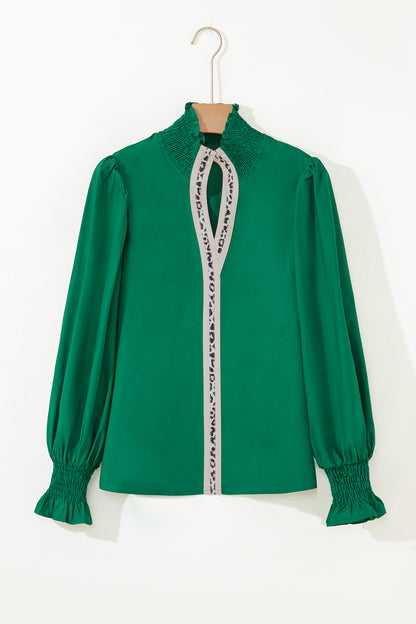 Black Puffy Flounce Sleeve Leopard Trim V Neck Blouse