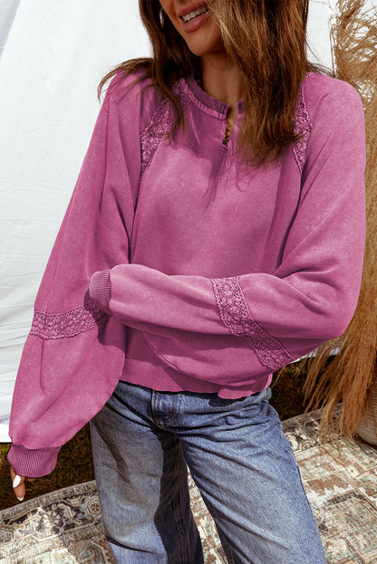 Red Dahlia Lace Patchwork Detail Notched Neck Mineral Wash Baggy Sweatshirt