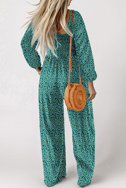 Green Floral Print Western Smocked Bodice Square Neck Wide Leg Jumpsuit