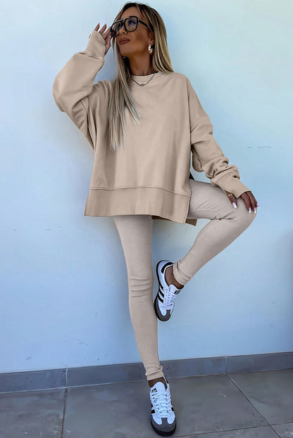 Jet Stream Solid Color Oversize Slit Sweatshirt Ribbed Leggings 2pcs Set