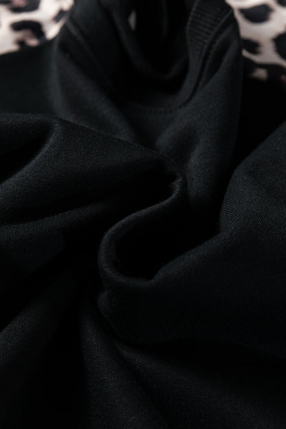 Black Leopard Print Patchwork Varsity Raglan Sleeve Sweatshirt Dress