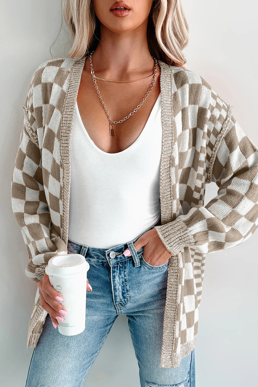 Black Checkered Open Front Drop Shoulder Cardigan