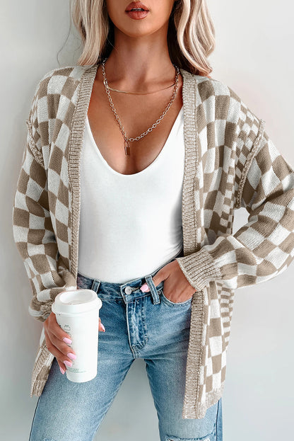 Black Checkered Open Front Drop Shoulder Cardigan