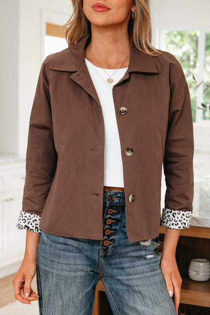 Dark Brown Collared Buttoned Leopard Liner Patchwork Chic Jacket
