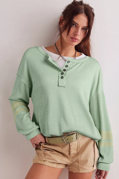 Meadow Mist Green Textured Knit Drop Shoulder Color Block Detail Long Sleeve Henley Top