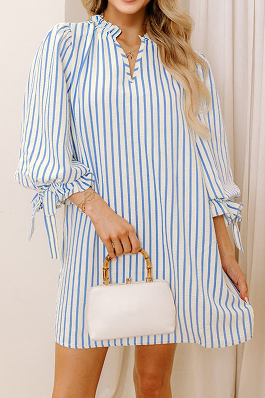 Sky Blue Stripe Knotted Bracelet Sleeve Notched Neck Shift Mini Dress