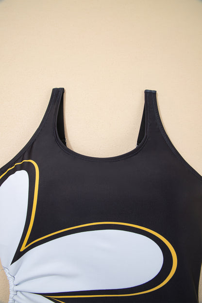 Black Drawstring Big Hole Floral Print Sleeveless One Piece Swimsuit