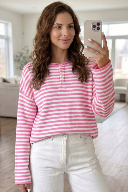 Green Stripe Striped Button Placket Drop Shoulder Long Sleeve Sweater