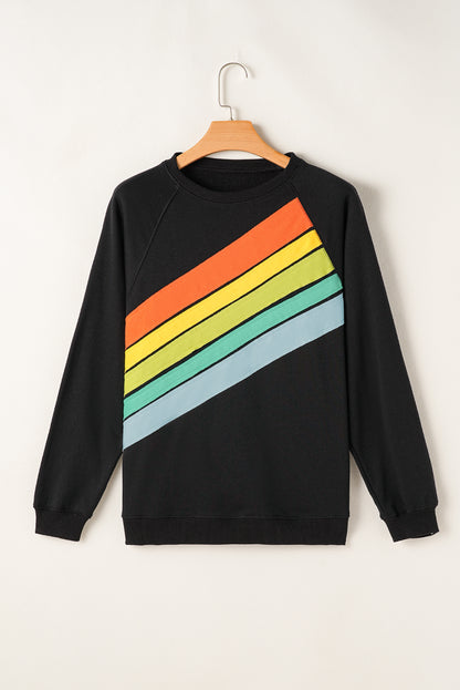 Apricot Rainbow Colorblock Striped Pullover Sweatshirt
