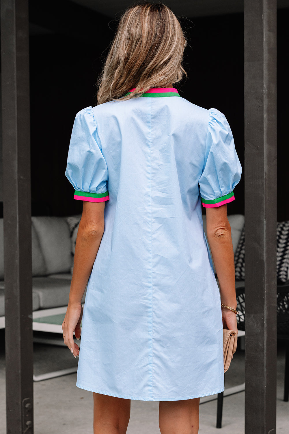 Myosotis Contrast Striped Notched V Neck Puff Sleeve Mini Dress