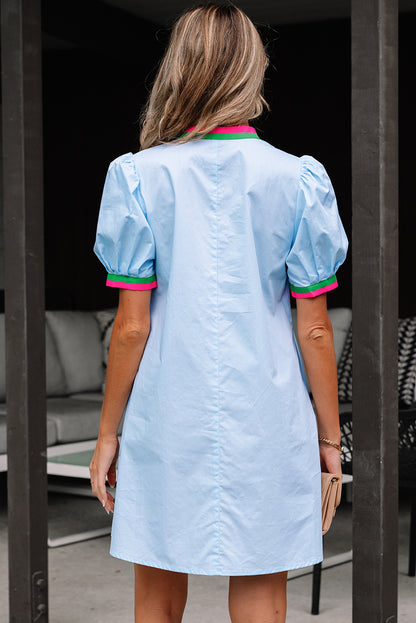 Myosotis Contrast Striped Notched V Neck Puff Sleeve Mini Dress