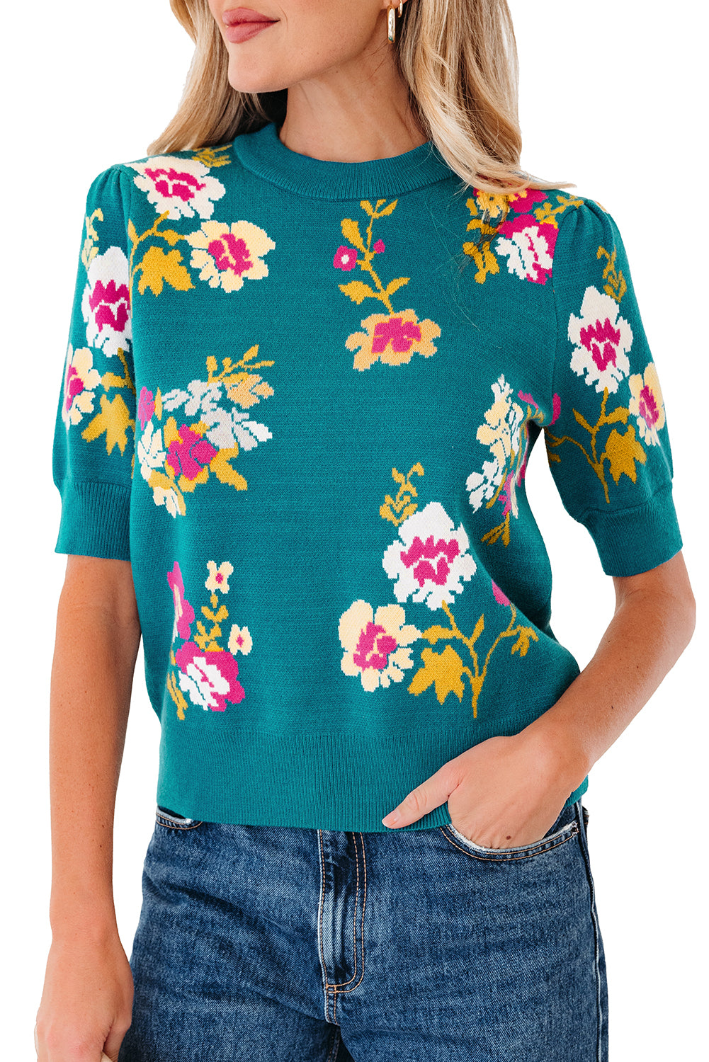 Blue Flower Pattern Mock Neck Short Sleeve Knitted T Shirt